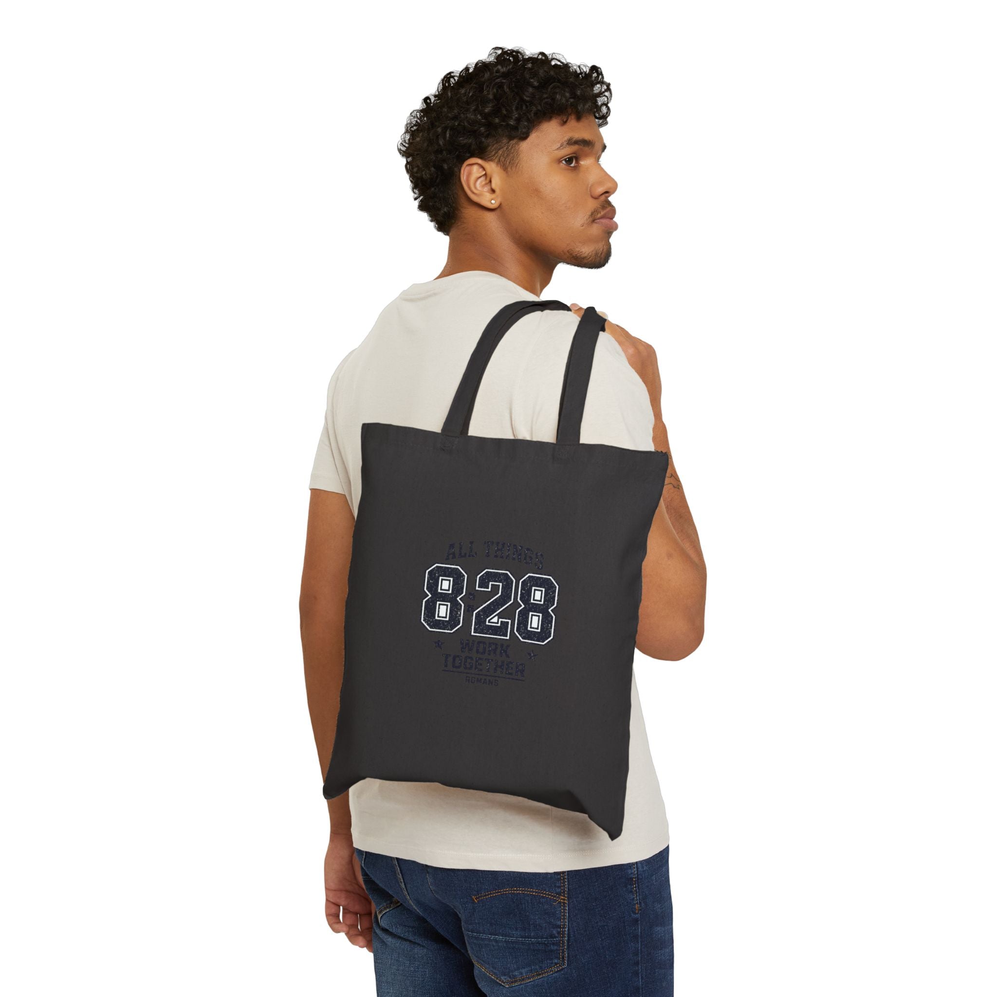 All Things 8:28 Verse Tote | Christian Streetwear, Athletic Arch Typography