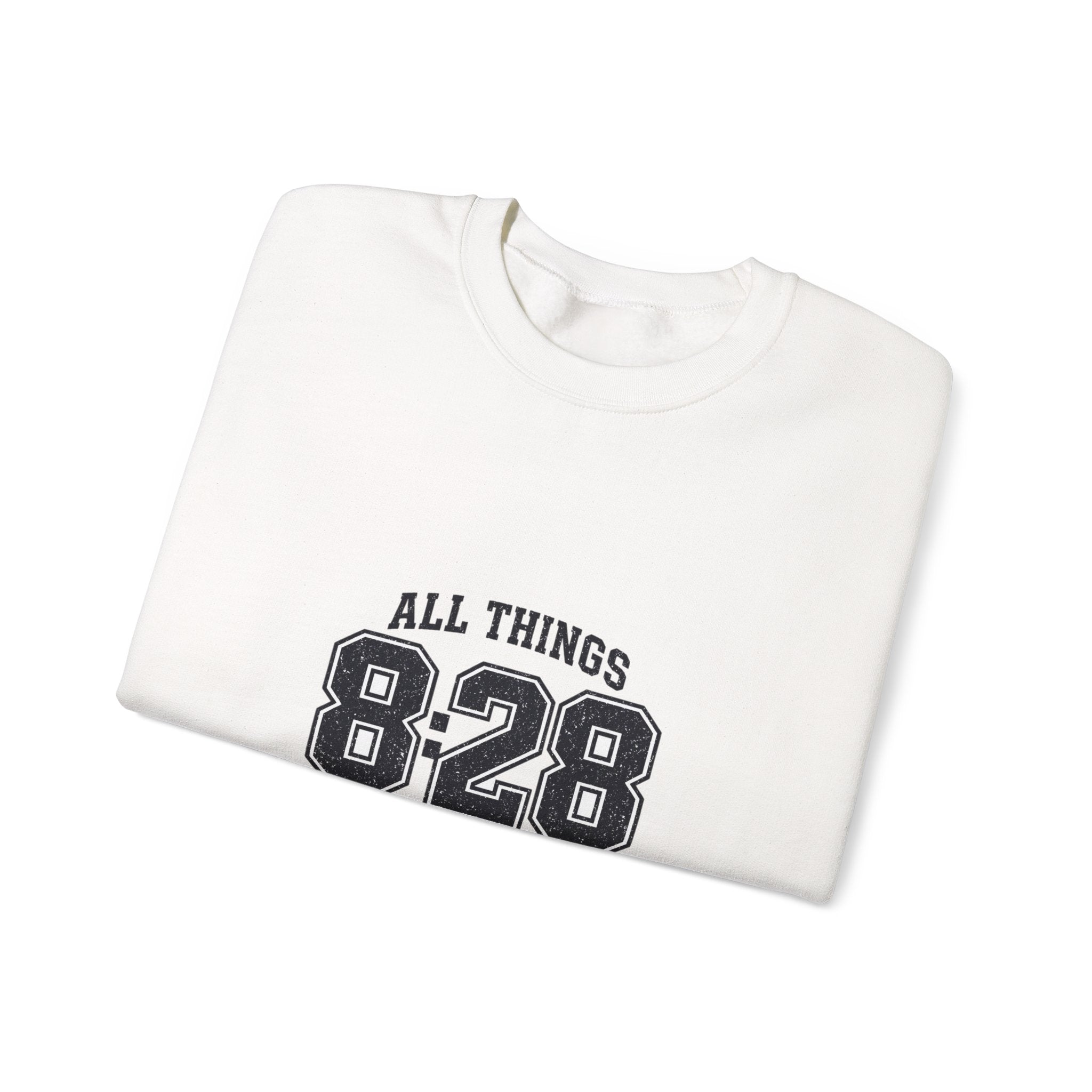 All Things 8:28 Crewneck Sweatshirt | Christian Streetwear, Athletic Arch Typography