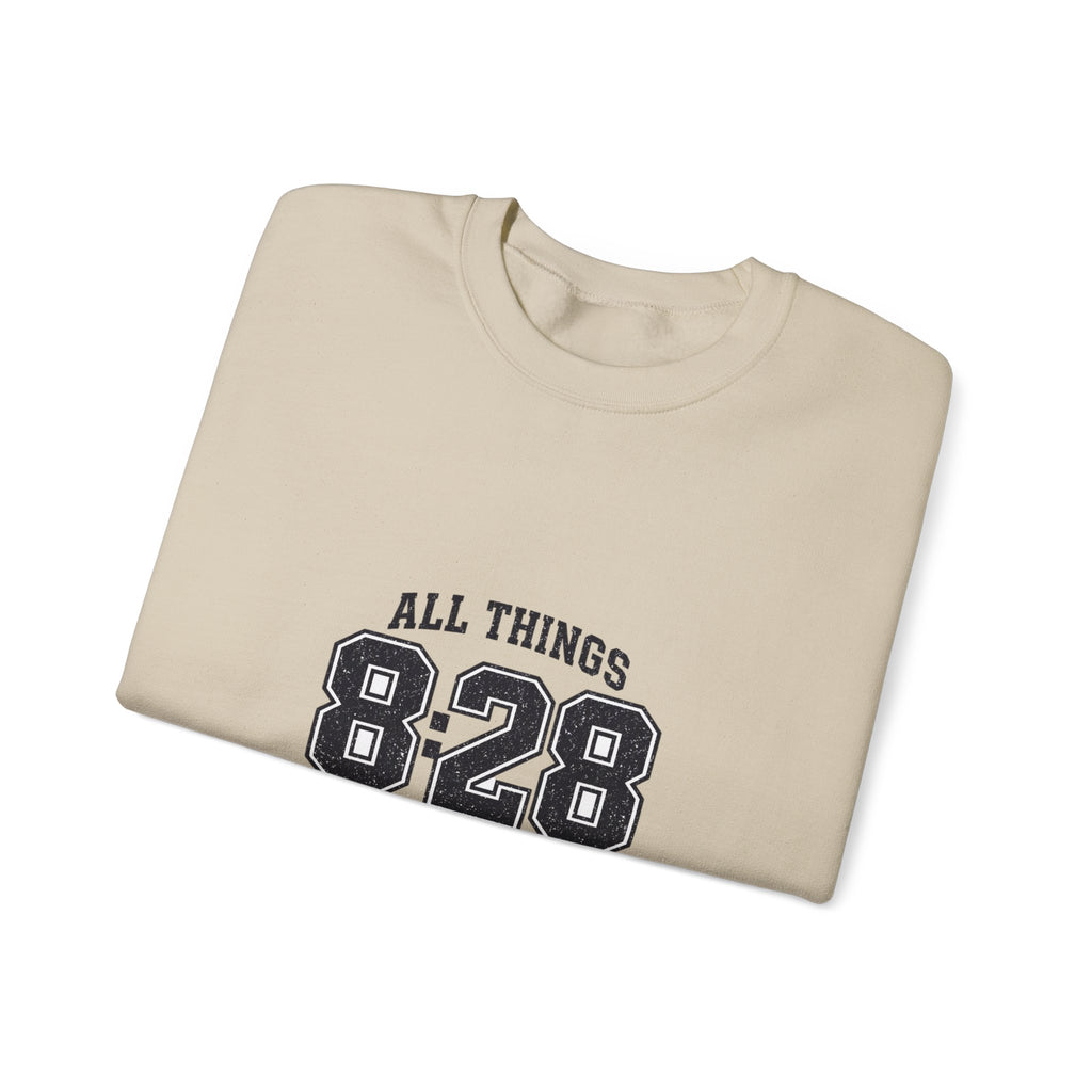All Things 8:28 Crewneck Sweatshirt | Christian Streetwear, Athletic Arch Typography