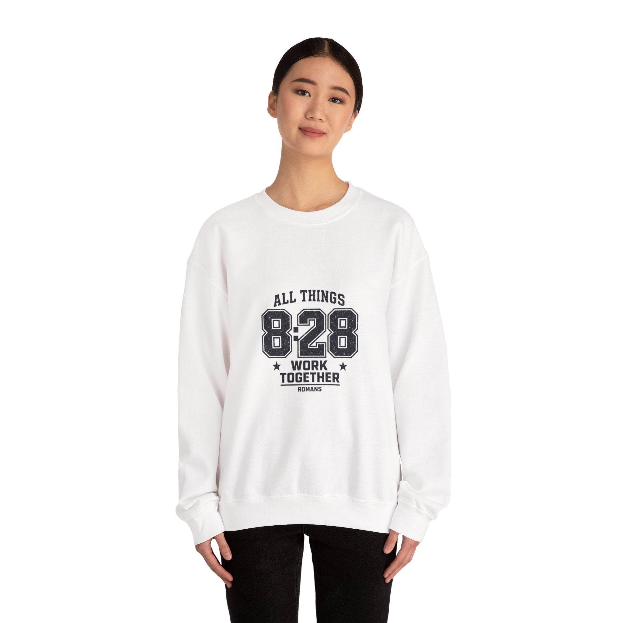 All Things 8:28 Crewneck Sweatshirt | Christian Streetwear, Athletic Arch Typography
