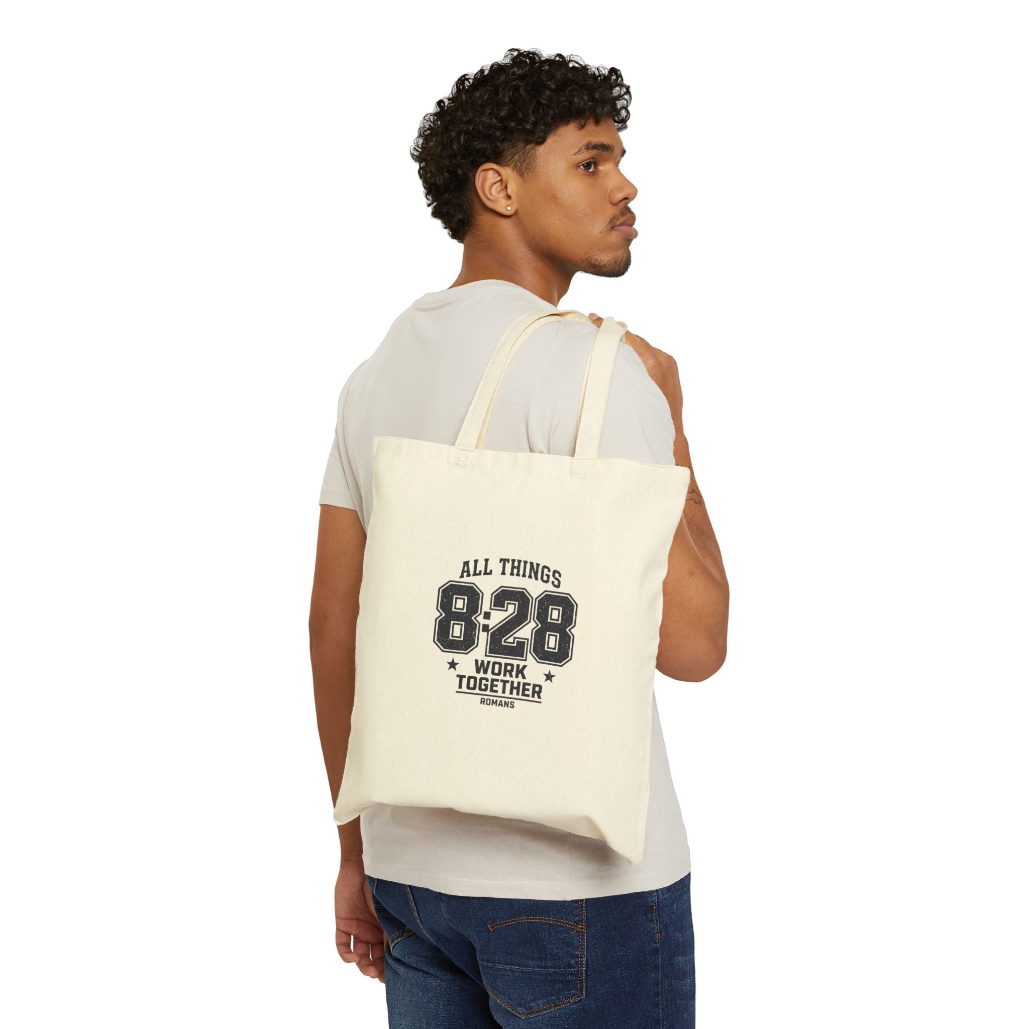 All Things 8:28 Verse Tote | Christian Streetwear, Athletic Arch Typography