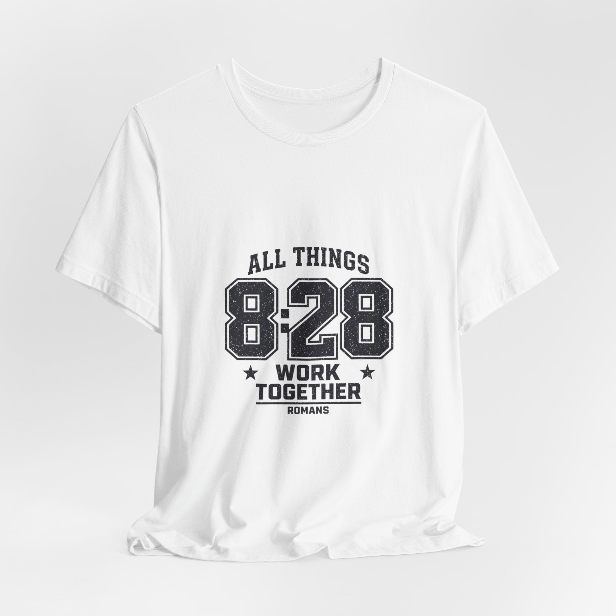 All Things 8:28 Verse Tee | Christian Streetwear, Athletic Arch Typography