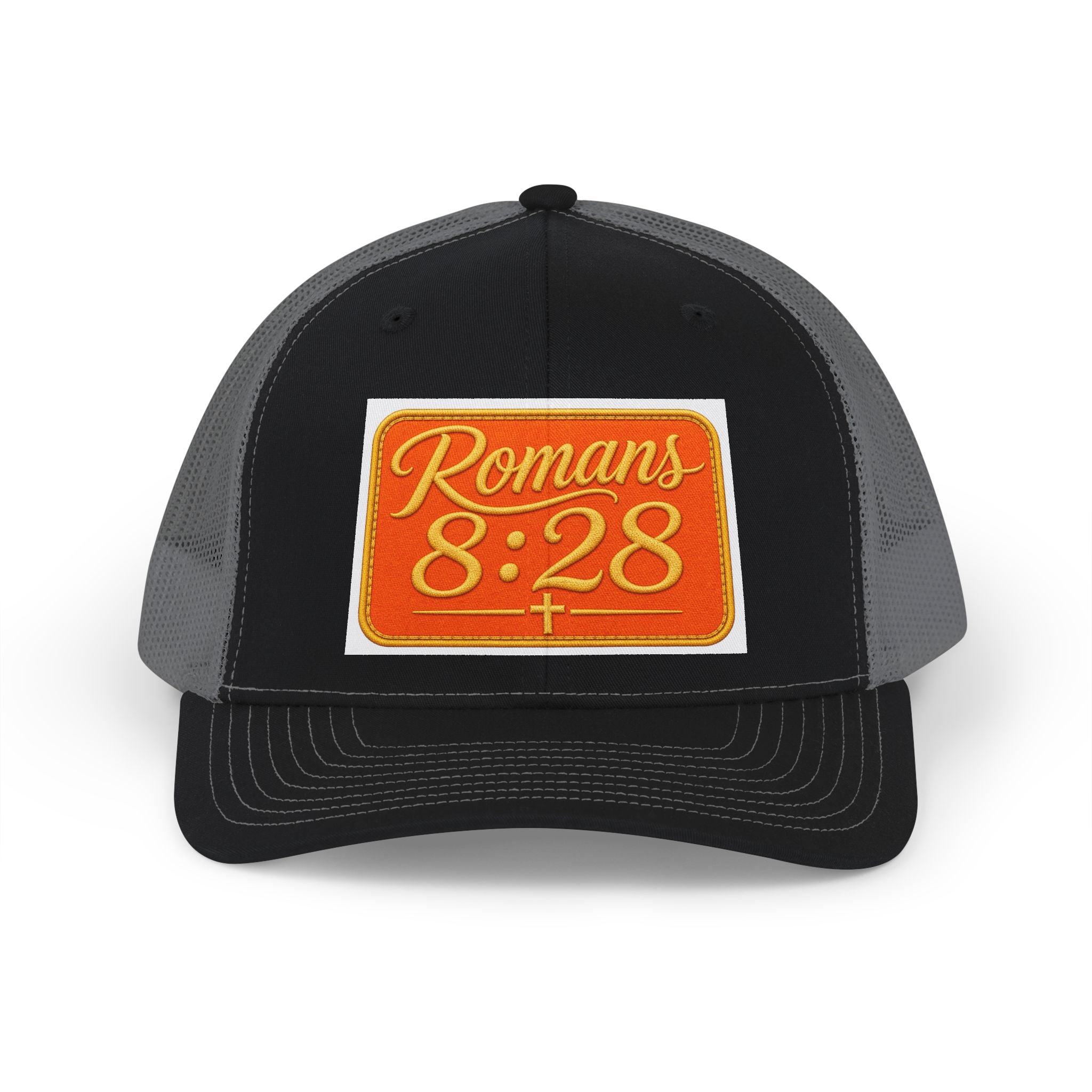 Romans 8:28 Patch Trucker Cap — Inspirational Christian Snapback
