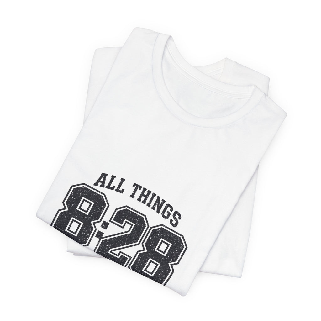 All Things 8:28 Verse Tee | Christian Streetwear, Athletic Arch Typography