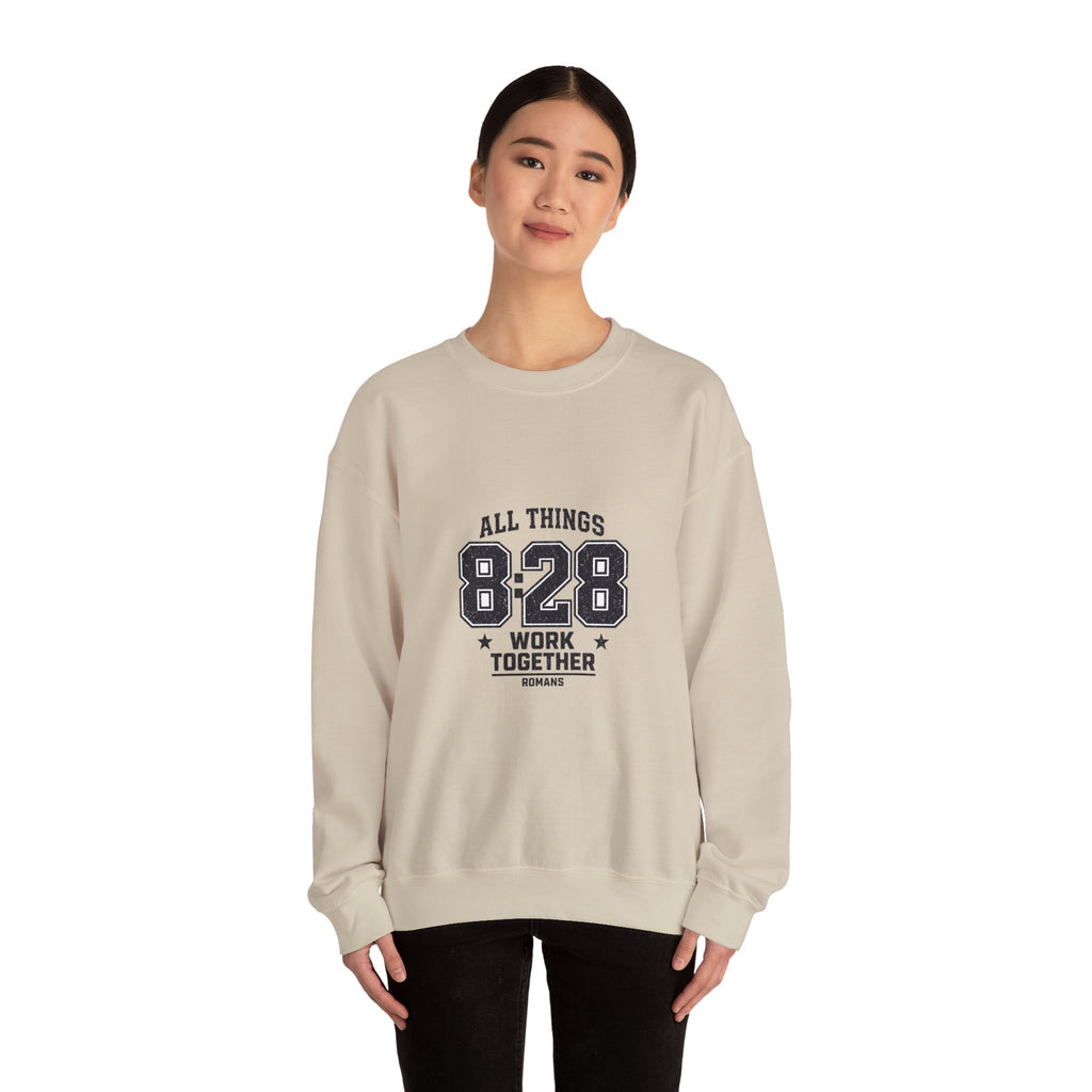 All Things 8:28 Crewneck Sweatshirt | Christian Streetwear, Athletic Arch Typography