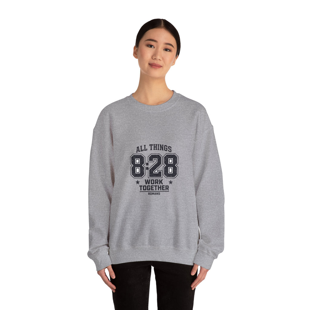 All Things 8:28 Crewneck Sweatshirt | Christian Streetwear, Athletic Arch Typography