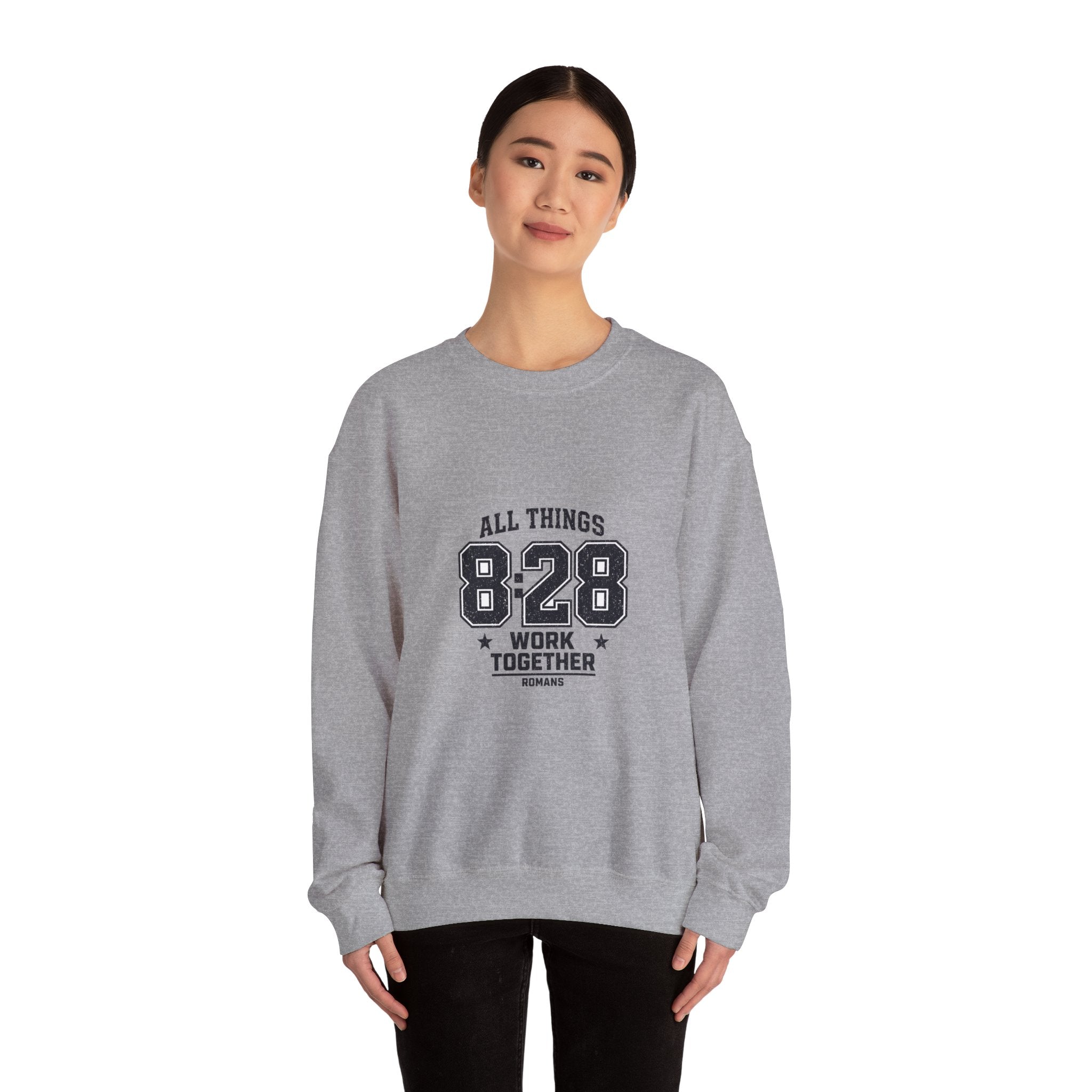 All Things 8:28 Crewneck Sweatshirt | Christian Streetwear, Athletic Arch Typography