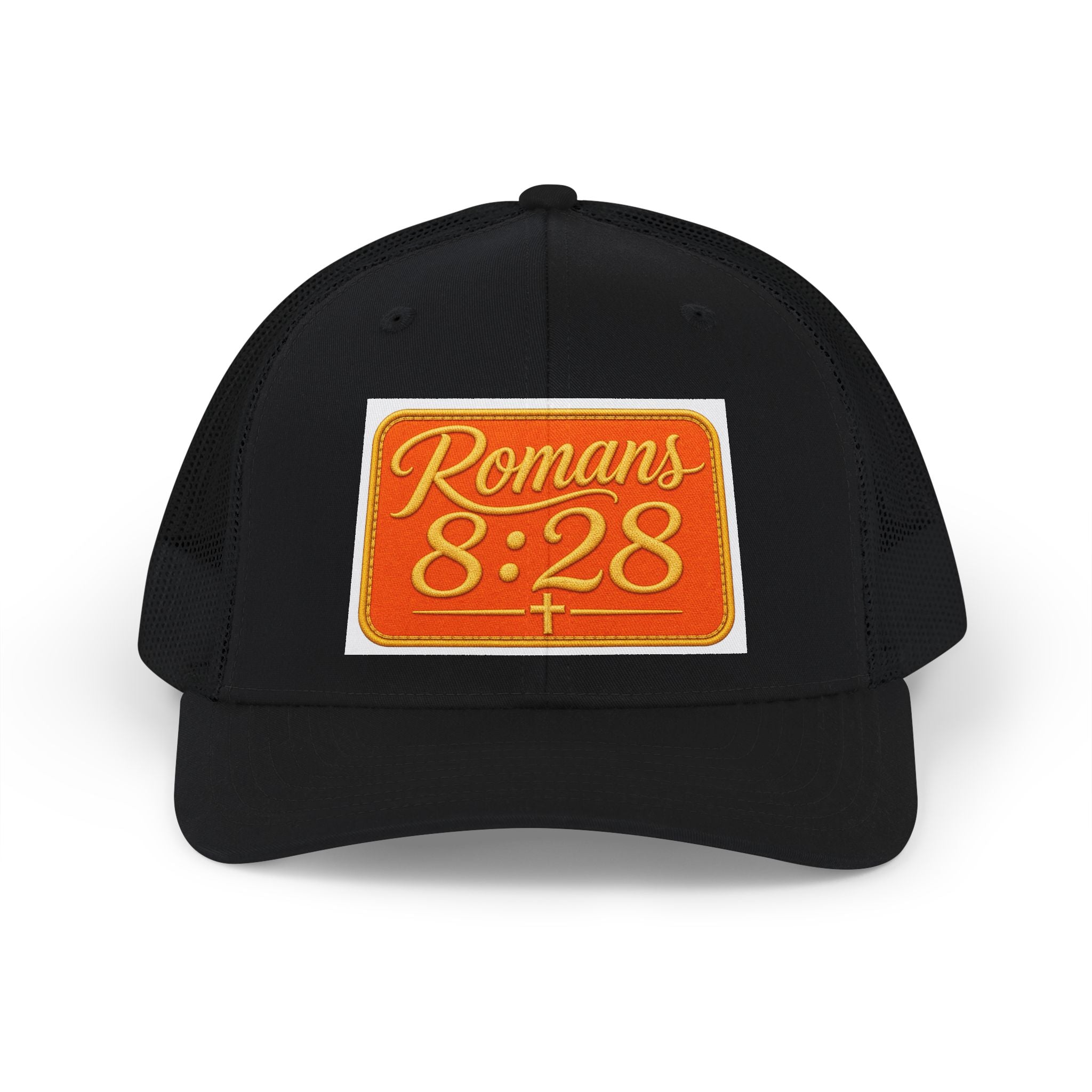 Romans 8:28 Patch Trucker Cap — Inspirational Christian Snapback