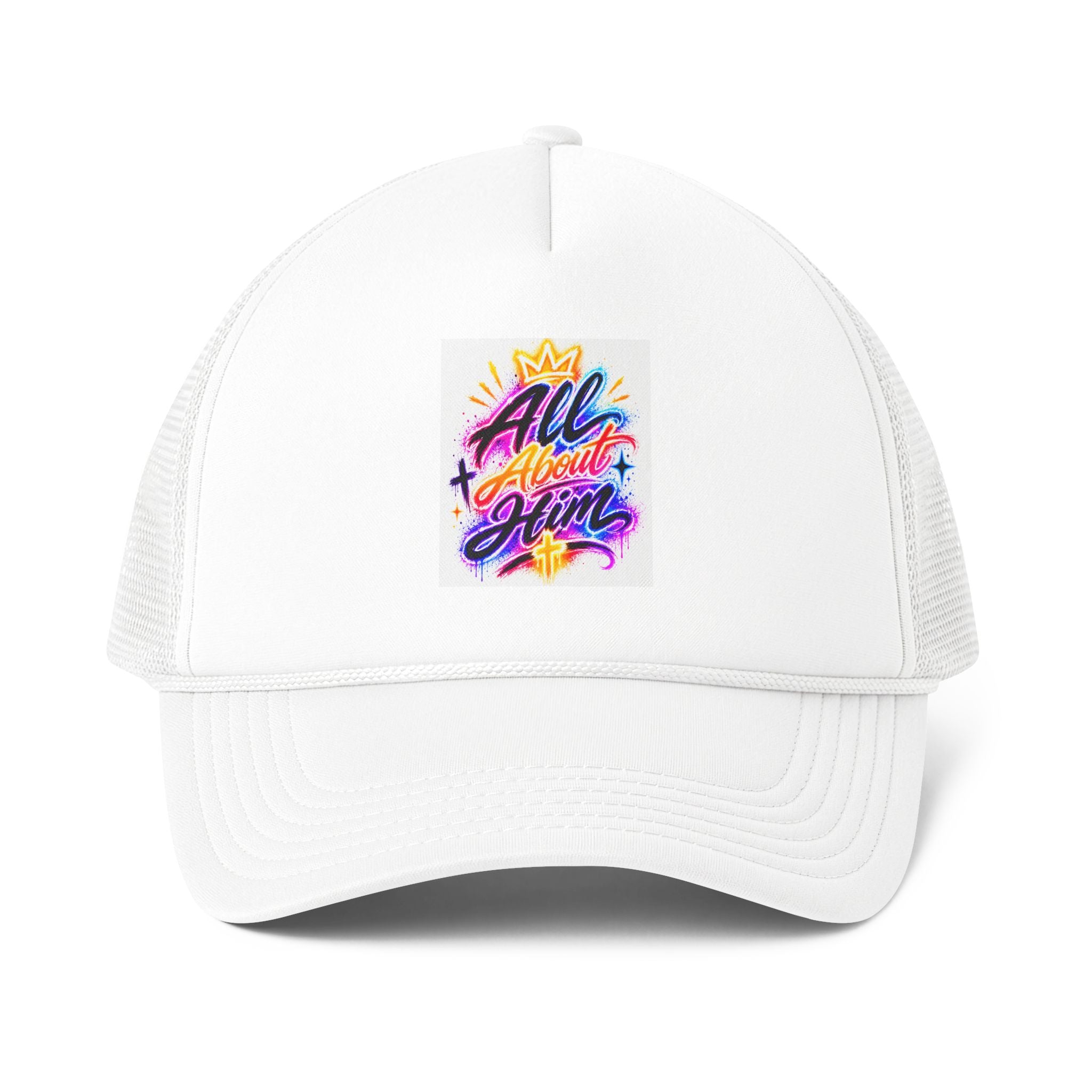 Trucker Cap — 'All About Him' Colorful Retro Script Foam Mesh Back Hat
