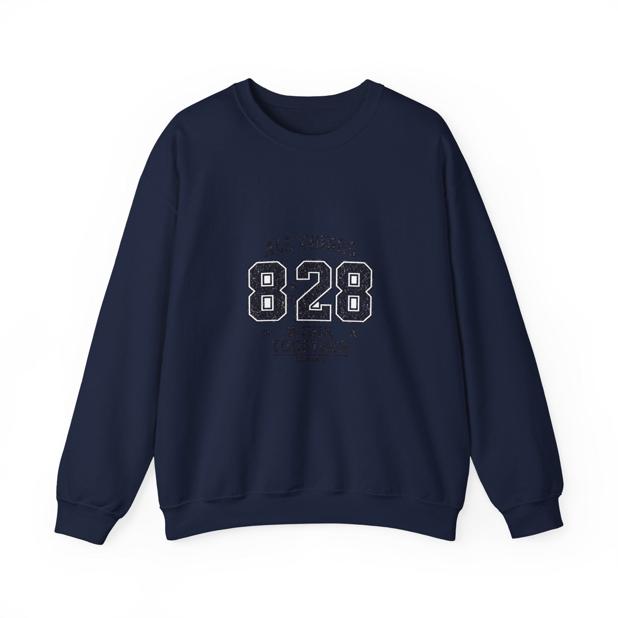 All Things 8:28 Crewneck Sweatshirt | Christian Streetwear, Athletic Arch Typography