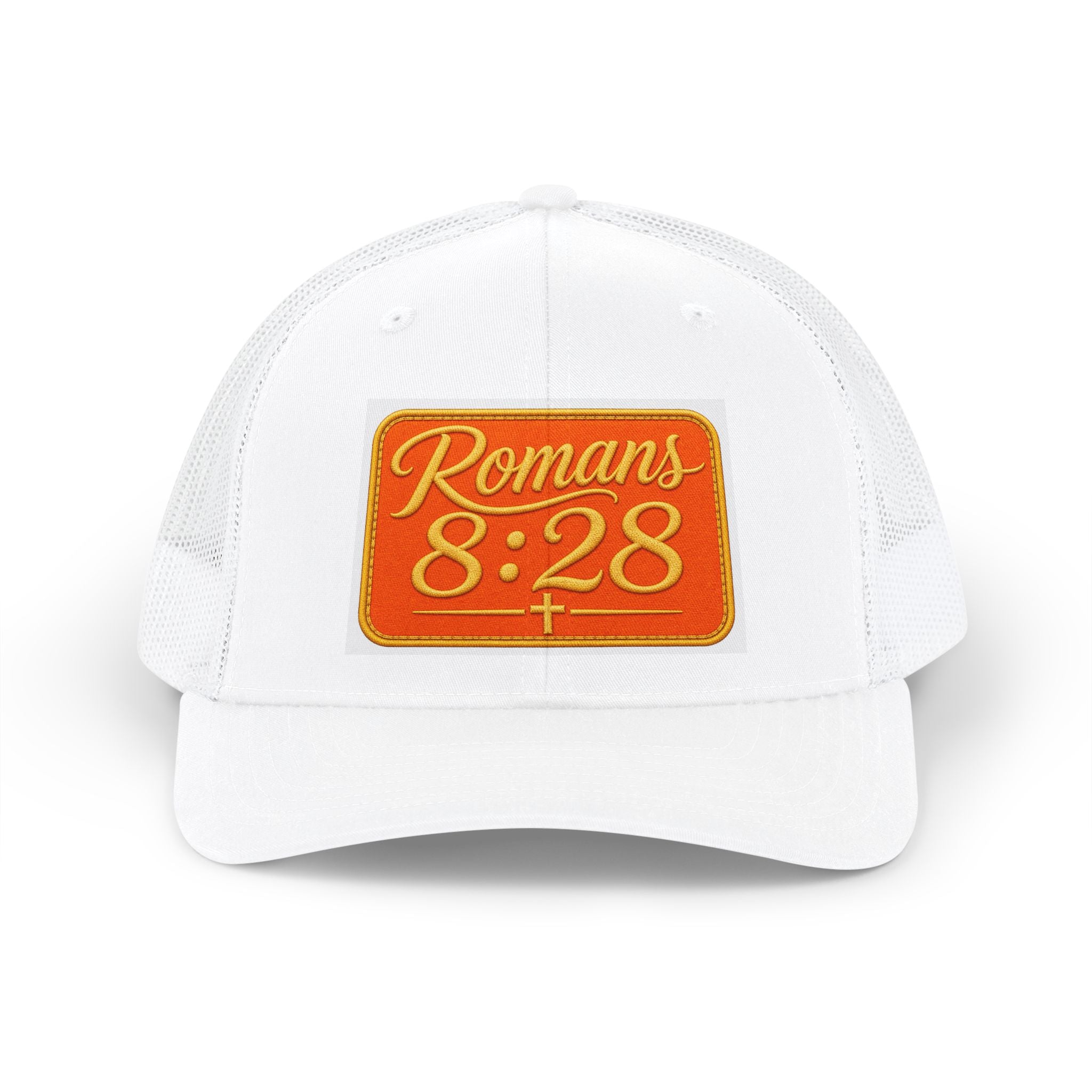 Romans 8:28 Patch Trucker Cap — Inspirational Christian Snapback